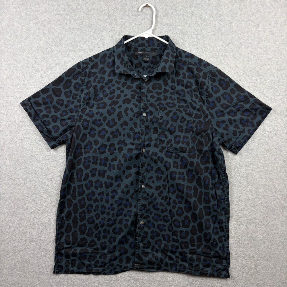 Marc by Marc Jacobs Shirt Mens Large Blue Leopard Print Button Up Short Sleeve